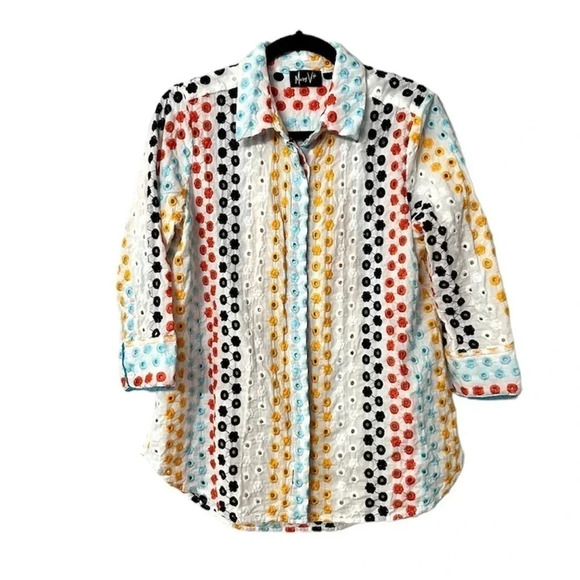 Mary V's Women's 3/4 Sleeve Multicolored Embroidered Floral Button Up Top GUC - Picture 1 of 11